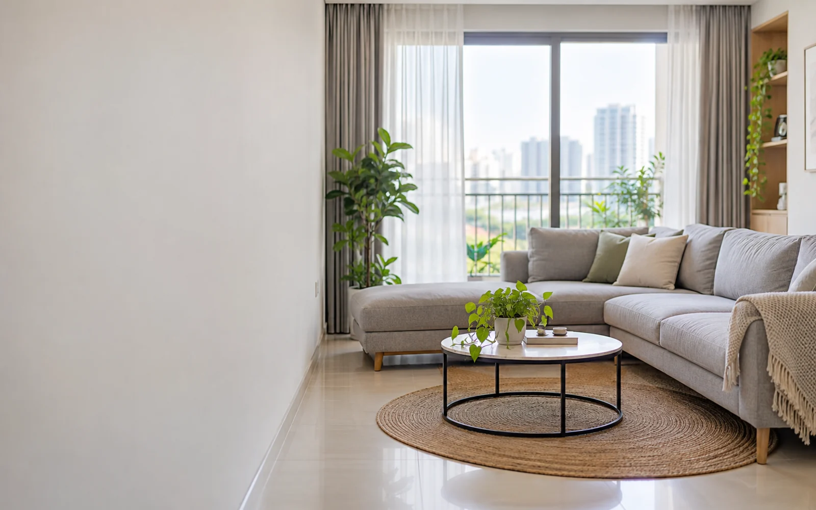 Phòng khách sáng với sofa góc nỉ xám Hà An