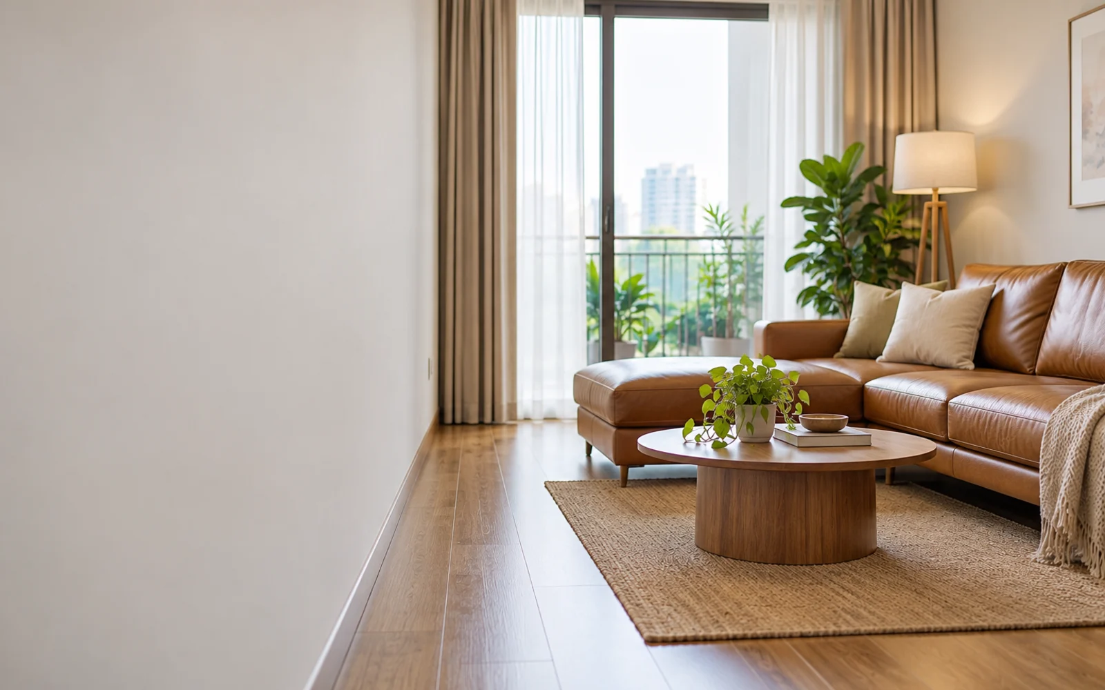 Sofa da bò màu caramel trong căn hộ