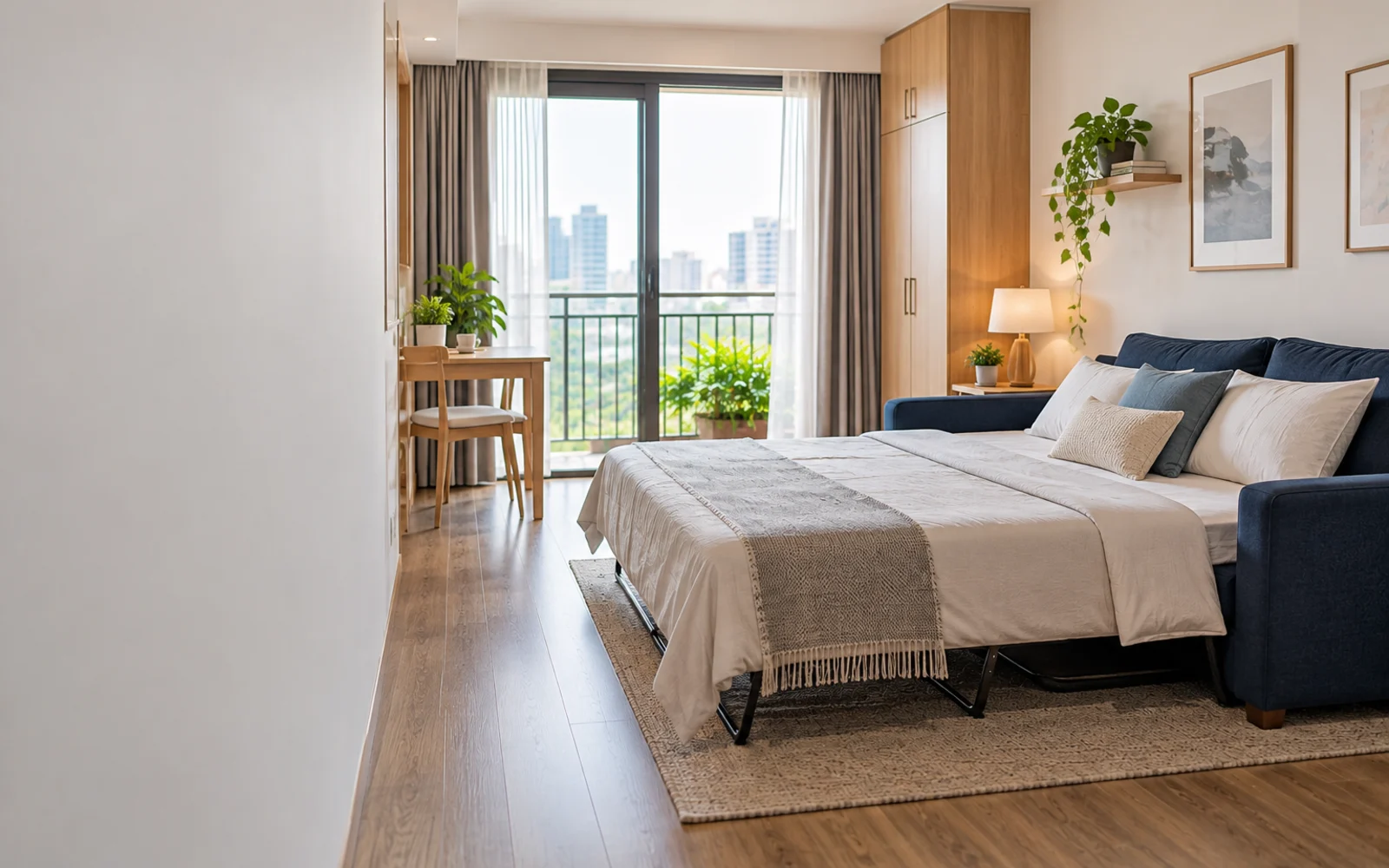 Sofa giường mở ra trong căn hộ studio