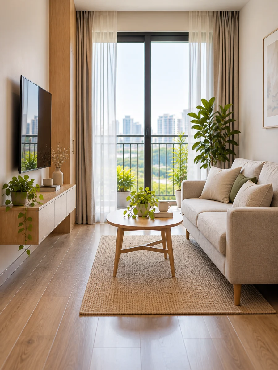 Phòng khách căn hộ nhỏ bố trí sofa văng