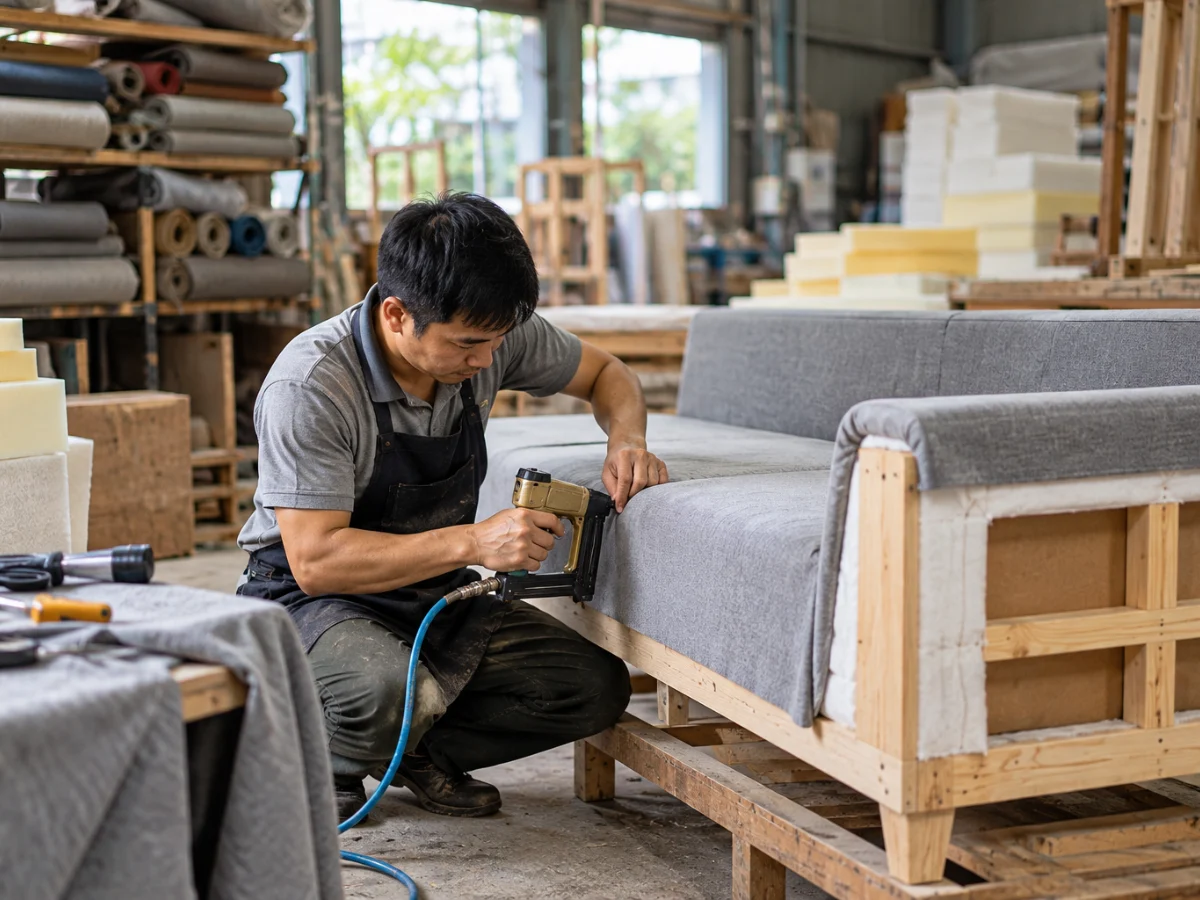 Thợ bọc nỉ sofa tại xưởng Hà An